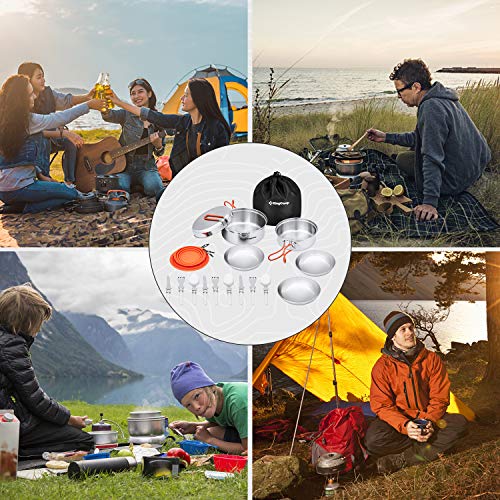 KingCamp Camping Cookware Mess Kit, 25pcs Backpacking Gear Cooking Equipment, Lightweight Pots and Pans with Folding Knife and Fork Set for 3-4 Person
