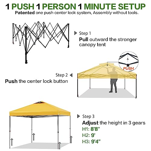 Tunbne 10'x10' Pop Up Canopy Tent with 1 Sidewall and 6 Pockets, One Push Setup, Instant Shade Tent with Vented Roof for Beach Patio Outdoor, Case, 8 Stakes, 4 Ropes, 4 Sandbags (Yellow, 10x10) - color: Yellow, size: 10x10