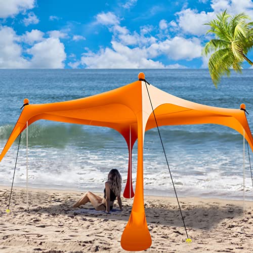 Buheco Beach Tent Pop Up Shade 10x10ft Beach Canopy Sun Shelter UPF50+ with 4 Foldable Poles-Portable Carrying Bag-Sand Shovel-Ground Pegs-Windproof Ropes for Outdoor Family Camping-Fishing- Picnic - color: Orange, size: 10x10FT 4 Pole