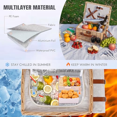 HappyPicnic Picnic Basket Set for 2 - Wicker Picnic Basket with Waterproof Blanket & Insulated Liner, Large Handmade Willow Hamper with Cutlery Kit for Outdoor, Picnic, Camping, Holidays (Flower) - color: White Flower