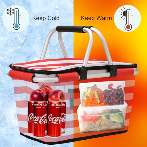 SIYUAN Picnic Basket with Handles 30L Leakproof Insulated Cooler Stripped Grocery Shopping Market Tote for Family Red White - color: Red White