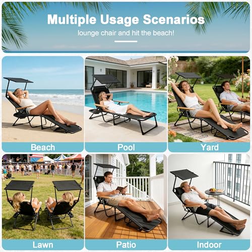 Outdoor Chaise Lounge Chair with 4-Position Adjustable Backrest,Patio Folding Sun Tanning Chair,Pillow & Cup Holder,Portable Recliner Sunbathing Lounger Chairs for Beach Garden (Black with Shade) - color: Black With Shade