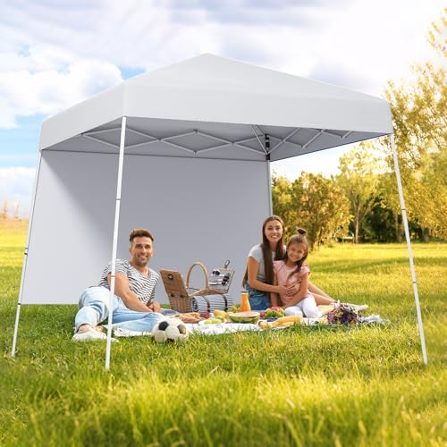 Tangkula 10x10 FT Pop Up Canopy with Sidewall, UPF 50+ Easy Setup Outdoor Tent with Backpack, 4 Stakes, Portable Heavy-Duty Canopy Tent for Party Events Camping Picnic, 10x10 Base, 8x8 Top - color: White, size: 10x10 Ft
