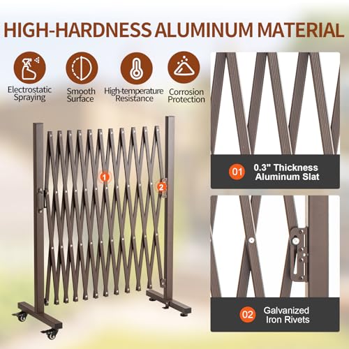 TECSPACE Aluminum Expandable Garden Fence, Portable Barricade Gate with Casters, Adjustable Retractable Fence Mobile Barricade Safety Barrier (Brown, 130×15×41 inch) - color: Brown, size: 126×15.2×40.6 Inch