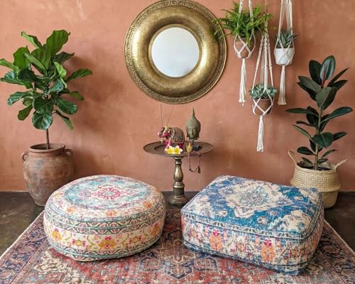 Mandala Life ART Large Floor Pillow Cover Yellow Round Pouf Ottoman Indian Floor Cushion Boho Chic Perfect Vintage Cushion for Living Room, Bedroom, Nursary or Children Room Cotton 24x8 Unstuffed - color: Yellow