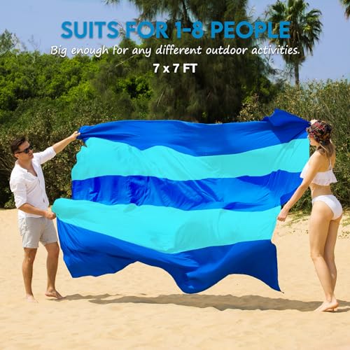 BYDOLL Nylon Beach Blanket Waterproof Sandproof Oversized 7'x7' Suits 1-5 Adults Sand Free Extra Large Blanket Lightweight Soft Picnic Mat for Beach Travel Camping - color: Blue Mix, size: 7'x 7'