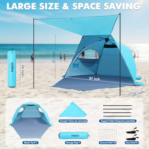 Elegear CumbreX™ Beach Tent with Canopy 4-6 Person, 1-Second Umbrella-Style Setup Pop Up Sun Shelter Shade, UPF 50+ UV Protection Four-Layer Silver-Coated Lightweight Portable Beach Cabana - Aqua Blue - color: Aqua Blue