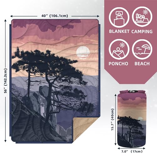 Outdoor Camping Blanket with Sherpa Lining, Extra Warm Thick Camp Blankets and Puffy Ultralight Soft Poncho DWR Camping Quilt for Cold Weather, Adventure, Sleeping, Backpacking 56"x 40" - color: Rosy Red, size: 56 x 40 inches