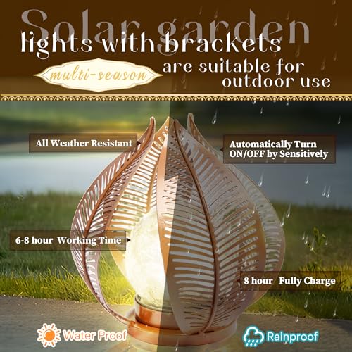 HPC Decor Solar Lights Outdoor Garden, Crackle Globe Glass,Metal Palm Leaf Solar Lights for Outside, Pathway Lights Waterproof LED Outdoor for Patio,Yard,Porch Decor,Gardening Gifts for Women/Mom. - color: Brown