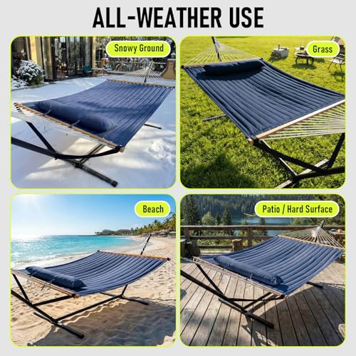 FULIYE Double Hammock with Stand for Outdoor，2 Person Heavy Duty Portable Hammock with Adjustable Steel Stand and Balance Ropes Included – for Patio, Backyard, Garden, Beach (Purplish Blue)
