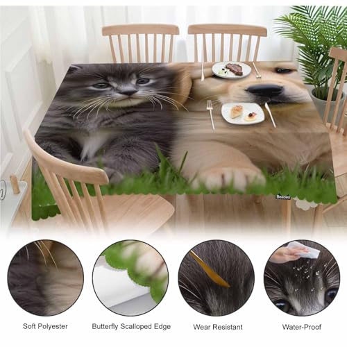 Table Cloth Cat Dog, Cute Funny Farmhouse Soft Table Cover for Kitchen Dining Tabletop Decoration, 52x70 Inch Fitted, 4-6 Seats - color: Cat Dog