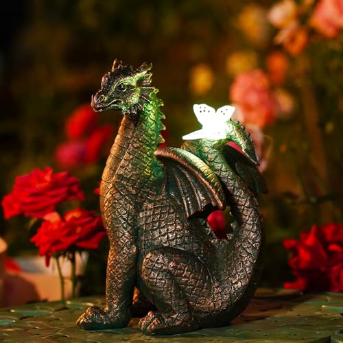Nacome Solar Dragon Outdoor Statues for Garden: Outside Decor with Butterfly Clearance for Yard Art Lawn Ornaments Porch Patio Balcony Home House for Mom Grandma Women - color: Garden Dragon