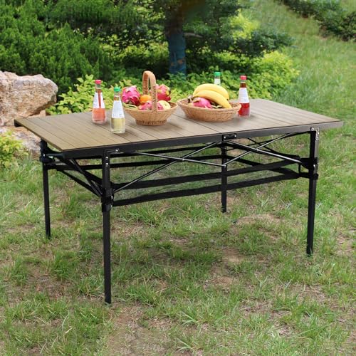 Large Folding Camping Table Aluminum with Storage for 4-6 People 55"X27.5" Roll Up Tall Outdoor Portable Table Lightweight with Carry Bag for Picnic BBQ Backyard Beach - color: Natural-55*27.5-2.08in Panel