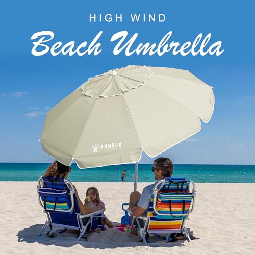 AMMSUN 8 Feet Large Beach Umbrella with Sand Anchor Heavy Duty High Wind Portable Outdoor Umbrellas UV 50+ Protection Air Vent Tilt Patio Garden Pool - color: Cream Khaki