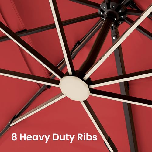 9x12 FT Cantilever Patio Umbrella with Base and Led Lights Double Top Outdoor Rectangular Large Heavy Duty Aluminum Offset Umbrellas with 7 Level Tilt 360-degree Rotation for Pool Garden Deck, Wine Red - color: Wine Red, size: 9' X 12'-with Light & Base