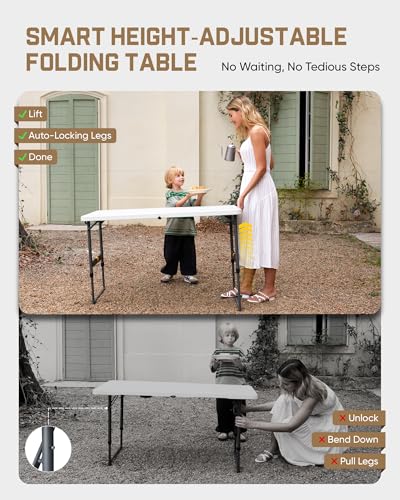 FanttikOutdoor Folding Table 4 Foot, Effortless Quick Adjustable Height Foldable Small Card Table, Fixing Lock, Stable for Party Dining Events Picnic Indoor Outdoor Camping, 2-Pack, Zeta X4 Pro White - color: Granite White
