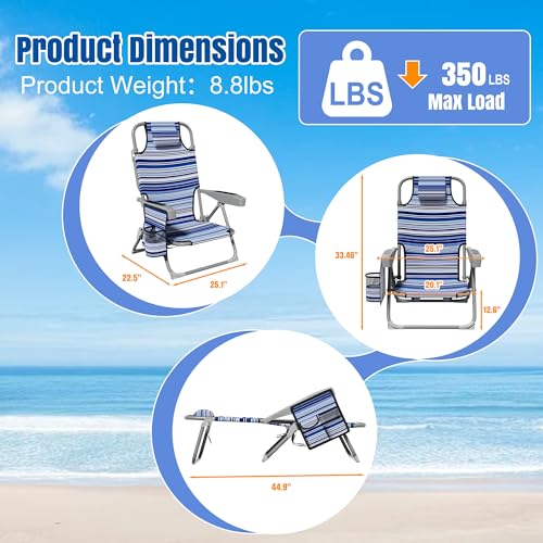 DIAMONDFORGE Lightweight Portable Beach Chair for Adults, 350 LBS Capacity Backpack Beach Chair, Reclining Beach Chair with 5-Position Lay Flat, Large Cup Holder for Beach Camping Sports, 1 Pack Blue - color: All Blue, size: Oversized