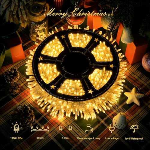 JMEXSUSS Outdoor Christmas Lights Plug in: 315ft 1200 LED Christmas Tree Lights with Remote - 8 Modes Warm White Xmas String Light for Wedding Holiday Yard Party Indoor Decoration - color: Warm White, size: 1200 LED