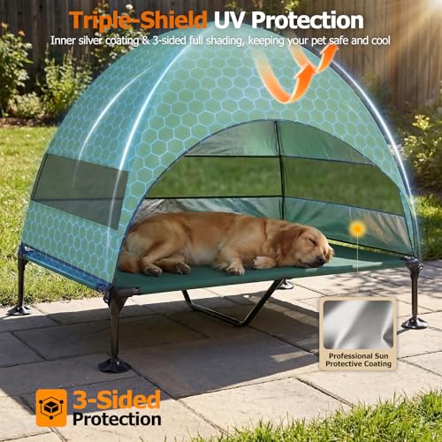 Elevated Dog Bed with Upgraded Canopy, Raised Outdoor Dog Tent with Powerful Anti-Slip Feet, Portable Pet Cot with Larger Shade, Raised Cooling Bed for Camping, Backyard, Beach, Poolside - color: Green, size: X-large: 50.0"l X 32.0"w X 42.5"th