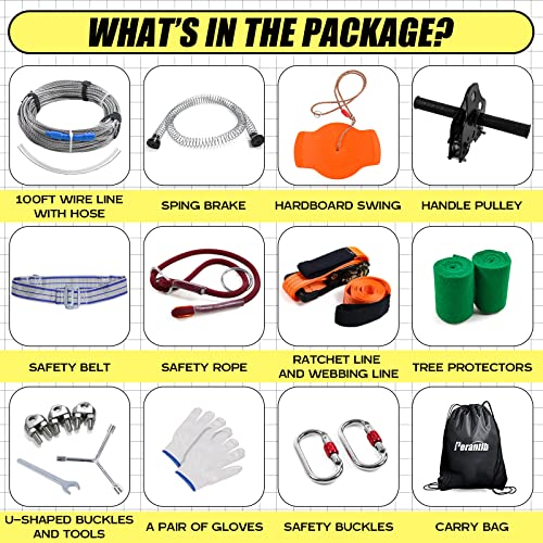 Perantlb Zipline for Backyard Kids and Adults,Zipline Kits for Backyard with 100ft Cable,6ft Zipline Spring Brake and Belt,Zip line Trolley with Handle,seat and Bag - size: 100ft