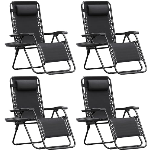 Homall Zero Gravity Chair Patio Folding Lawn Outdoor Lounge Gravity Camp Reclining Lounge Chair with Cup Holder Pillows for Poolside Backyard and Beach Set of 4 (Black) - color: Black, size: 4 PCS