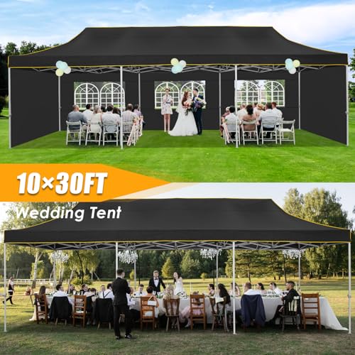 HOTEEL 10x30 Heavy Duty Pop Up Canopy Tent with 5 Sidewalls&Wheeled Bag, Commercial Event Party Tent Wedding Instant Canopy Waterproof, Upgraded Thicked Hexagonal Legs, UV 50+, Black - color: Black, size: 10x30FT (+5 Walls)