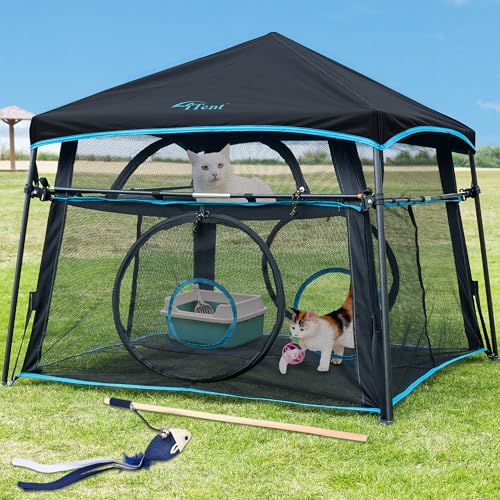 Extra Large Catio Outdoor Cat Enclosure, 2-Tier Foldable Cat Tent with 3 Doors for Patio, Balcony, Indoor & Camping, Weatherproof Sunproof Cat Playpen with Carry Bag Included（Patented） - style: A-2 Tier Cat Tent Blue