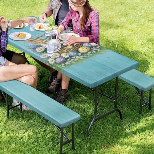 Easter Bunny Picnic Table Cover Elastic Fitted Table Cloth for Camping Party Easter Bunny Picnic Table Cover with Bench Covers 3 PCS for Outdoors - color: Easter Bunny, size: Small