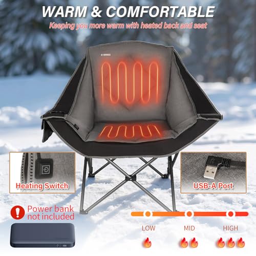 Heated Camping Chairs,Oversized Padded Heating Lawn Chair with Cup Holder,Wide&Thick,Heavy Duty Folding for Patio,Tailgates,and Sports,Battery NOT Included,Black - color: Black-heated