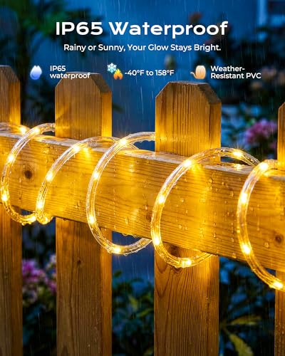 Brightown Solar Rope Lights, 2 Pack Total 78FT 200LED Warm White Solar String Lights Outdoor, IP65 Waterproof Solar Powered Fairy Lights with 8 Lighting Modes for Yard Garden Patio Tree Decoration - color: Warm White, size: 100 LED 2PACK