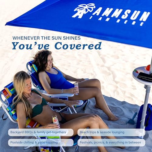 AMMSUN 8ft Large Beach Umbrellas for Sand Heavy Huty Wind Portable Commercial Grade Patio Beach Umbrella with Sand Anchor Adjustable Height Air Vent UPF 50+ Telescoping Pole without tilt Dark Blue - color: Dark Blue