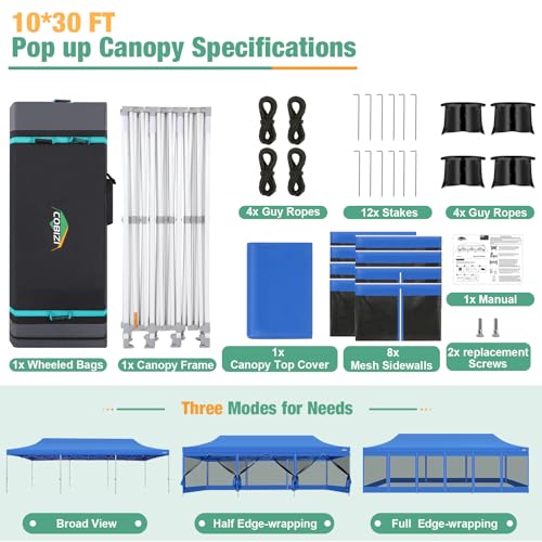 COBIZI 10x30 Canopy Tent, Heavy Duty Pop up Canopy with Sidewalls, Waterproof Easy Setup Tent with Mosquito Netting, Outdoor Instant Screen Tents for Parties, Wedding with Roller Bag, Blue - color: Blue, size: 10x30FT