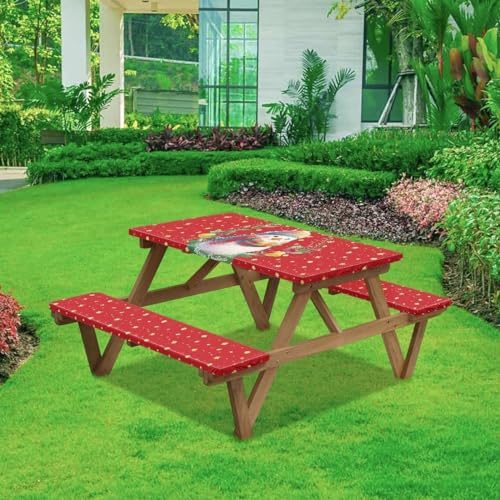 Camping Tablecloth with Elastic Band for Camping Party Supplies Christmas Snowman Picnic Table Cover with Bench Covers 3 PCS - color: Christmas Snowman, size: Small