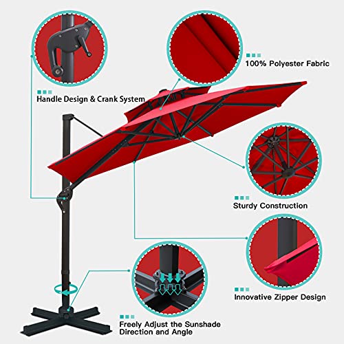 Sunnyglade 11FT Double Top Cantilever Patio Umbrella Deluxe Offset Umbrella 360° Rotation & Integrated Tilting System Heavy Duty Outdoor Umbrella for Market Garden Deck Pool Backyard Patio(Red) - color: Red