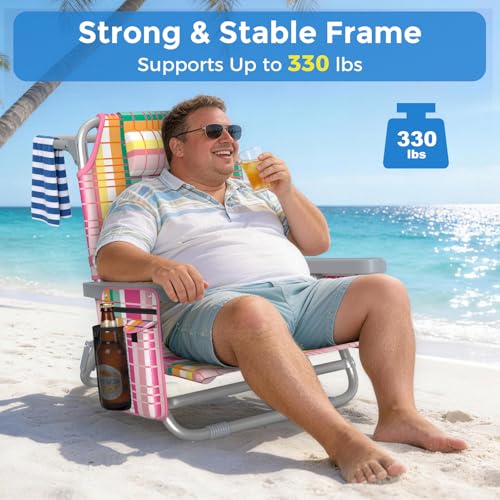 5-Position Backpack Beach Chair for Adults with Lumbar, Foldable Tall Heavy-Duty Beach Chairs with Cooler Bag,Cup Holder,Towel Rack for Beach, Camping, Outdoor (1, Rainbow Pink) - color: Rainbow Pink, size: 1 pack