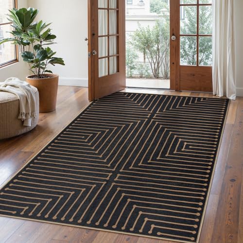 Lahome Neutral Geometric Outdoor Rug, 5x7 Black Living Room Dining Room Rug Indoor Outdoor Carpet, Farmhouse Rhombus Non Slip Non Shedding Carpet for Patio Deck Office Classroom - color: Black/Nature, size: 5x7