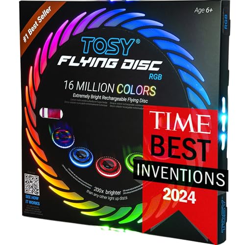 TOSY Flying Disc - 108 RGB Multicolor or 36 Monocolor LEDs, Super Bright, Smart Modes, Easter Basket Stuffers Gift, Camping Toy for Kid/Teen/Adult, Auto Light Up, Rechargeable, Waterproof, 175g - color: Rgb Disc (Multi-color, Black Disc)