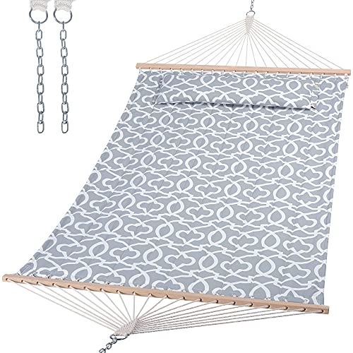SUNCREAT Double Quilted Hammock with Hardwood Spreader Bar, Extra Large Soft Pillow, Heavy Duty 2 Person Hammock for Indoor, Outdoor, Grey Pattern - color: Grey Pattern