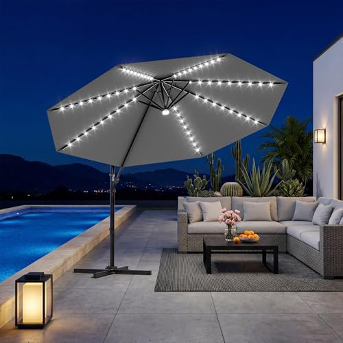 Patiowell 10 FT Patio Umbrella with Solar LED Light, Outdoor Cantilever Umbrella with 360 Degree Rotation, Outside Large Round Sun Umbrella with Frame for Backyard Garden Poolside, Gray - color: Gray with Light, size: 10 FT