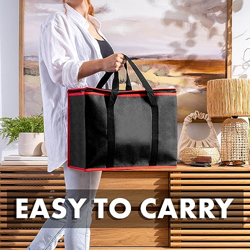 Carrywell (Not Made In China) Insulated Reusable Grocery Bags 2-Pack, Catering and Delivery Bag For Hot and Cold Food, Collapsible Thermal Tote For Doordash - color: Black With Red Trim, size: 2 pack, style: XL Insulated