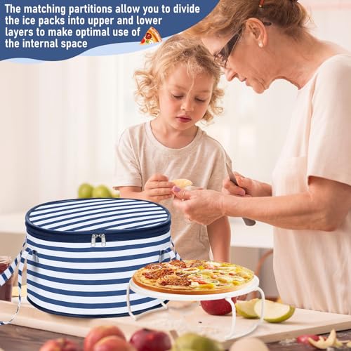 Pickmesh Round Pie Carrier 12 x 7 Inch Insulated Casserole Carriers with Lid and Detachable Handle for Hot or Cold Food Cake Transport Thanksgiving Christmas Gift (Blue White Stripes) - color: Blue White Stripes