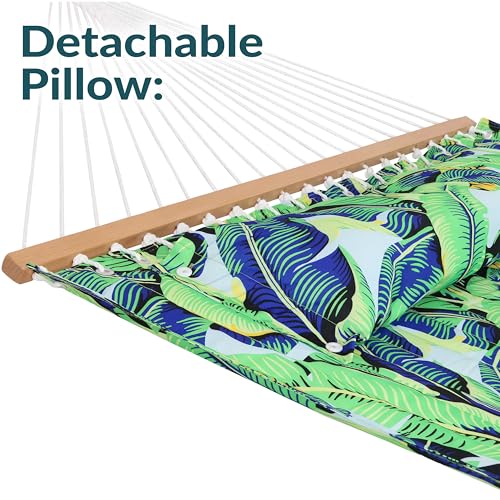 Sunnydaze Quilted Double Hammock for Outside with Spreader Bars and Pillow - 450 lb Capacity, 74x55 Inch Bed, UV Resistant, Quick Dry - Chains Included, Stand Sold Separately - Exotic Foliage - color: Exotic Foliage