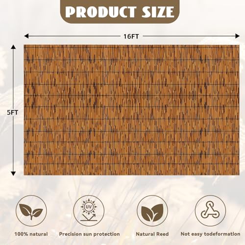 KOIUEYW Bamboo Reed Fencing, Light Russet Decorative Bamboo Privacy Fence 5ft High, Reed Curtains for Patio Garden Balcony Outdoor Privacy Screen, 5 x 16 FT - color: Light Russet, size: 5 x 16 FT