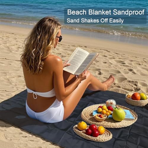 Outdoor Pocket Blanket, 55"x79" Waterproof Foldable Compact Pincic Blanket, Ultralight Tarp for Camping, Festival, Beach, Hiking, Backpacking, Travel and More, Stakes Included - color: Black, size: 79"*55"