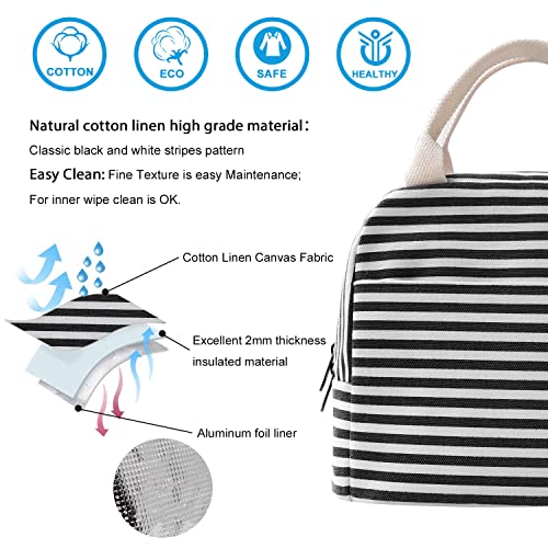 EurCross Canvas Lunch Tote Bag for Women for Work with Black and White Stripes, Reusable Insulated Meal Prep Preppy Lunch Box Bag for Daily Use, Cute Lunch Cooler Bento Boxes Bags - color: Black Stripes