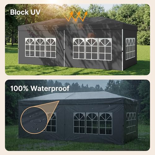 Bealife 10x20 Pop-Up Canopy Tent with 6 Removable Sidewalls, One Push Party Tent Outdoor Waterproof Canopy for Parties Commercial Wedding, 3-Height Adjustable Easy Set Up Gazebo, Carry Bag, (Grey) - color: Gray