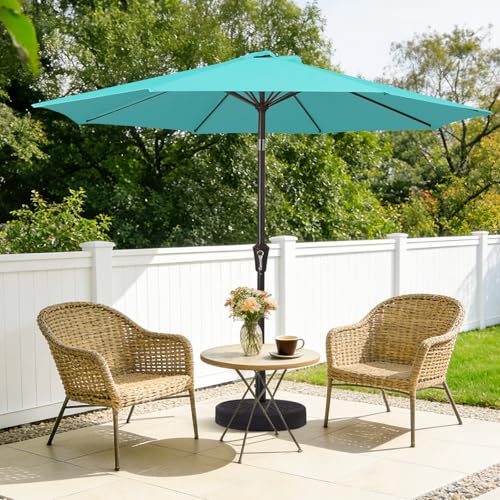 MEWAY 9ft Patio Umbrella Outdoor Table Umbrellas with Push Button Tilt and Crank, Market Umbrella 8 Sturdy Ribs for Deck, Garden, Pool and Backyard, Teal - color: Teal, size: 9ft