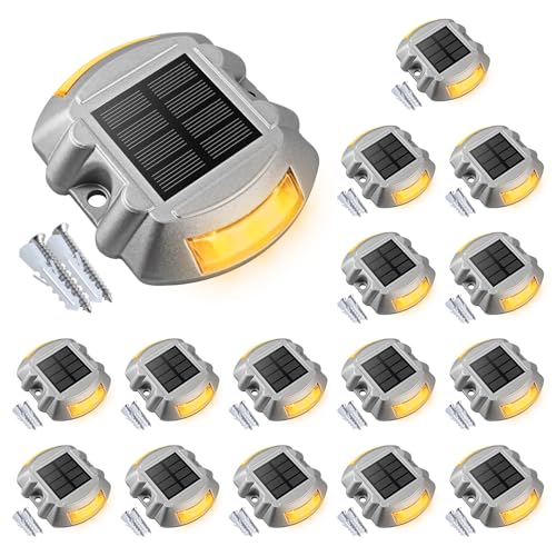 VOLISUN Solar Deck Lights Driveway Dock Lights, 16-Pack Led IP68 Waterproof Outdoor Warning Step Lights for Driveway Sidewalk Garden Pathway Yard(Warm White, Auto On/Off - color: Warm White, size: 16 Pack