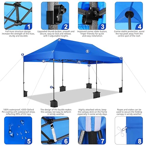 COBIZI 10x20 Heavy Duty Pop Up Canopy Tent with 6 Sidewalls Thicken Frame, Commercial Easy Up Outdoor Wedding Party Tents, All Season Waterproof Windproof with Stakes Sandbags Ropes Roller Bag, Uranus - color: Uranus, size: 10x20