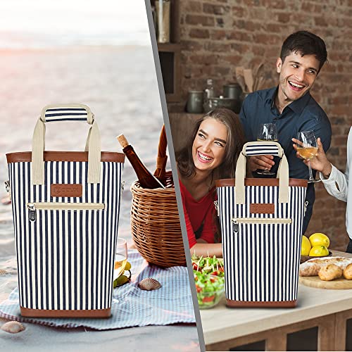 opux Two Bottle Wine Bag Carrier Tote, Insulated Leakproof 2 Bottle Wine Cooler Bag for Travel BYOB Picnic, Portable Wine Case, Gift for Men Women Wine Lover Birthday Party Christmas, Navy Stripes - color: Navy Stripes